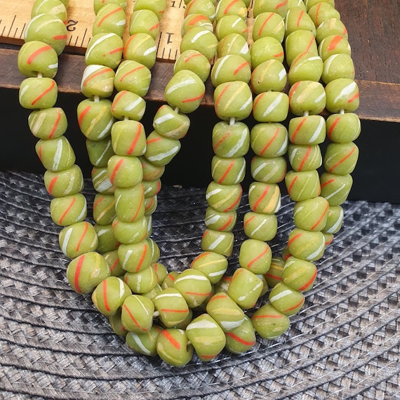 Colorful Lime Green Candy Stripe Beads, Venetian Style Trade Bead Strand, Striped Lampwork Beads for Designers, Ethnic Tribal Style Beads
