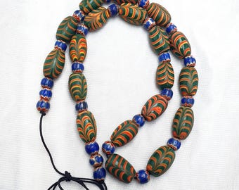 Vintage beads collection feather and Chevron pattern glass beads necklace .