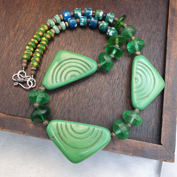 Rare Antique African Trade Bead Necklace Green Carved Glass Statement Necklace | Handcrafted Ethnic Tribal Jewelry Collectibles