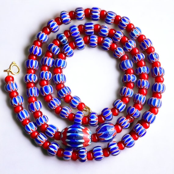 Vintage chevrons & white heart venetian multilayers glass beads necklace n-209Gift