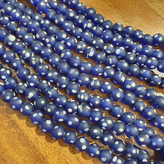 Vintage white dots blue glass antique beads 9.5-10mm
