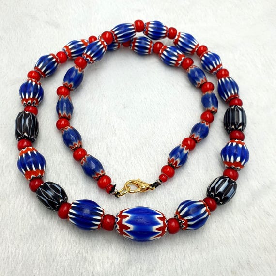 Antique venetian Red Whiteheart glass chevron 6 layers beads necklace Gift