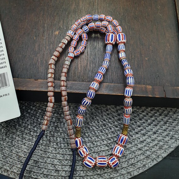 Vintage Chevron Bead Necklace - Red White & Blue Millefiori Glass - Handmade Boho Statement Necklace - Gift for Her