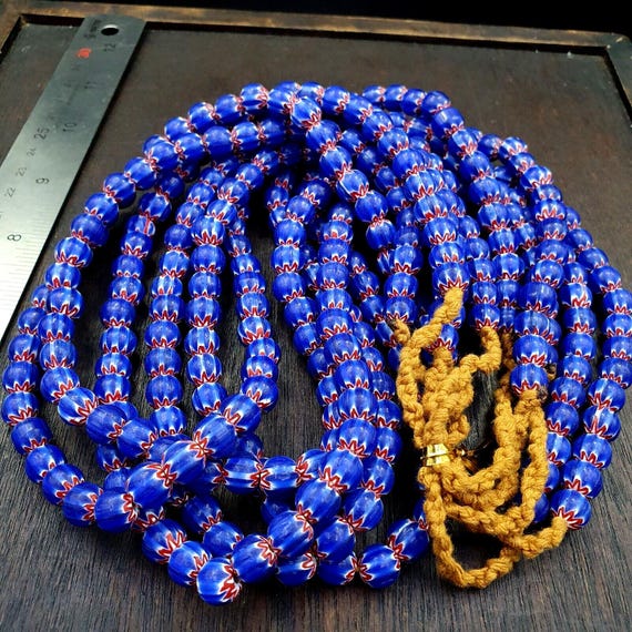 Vintage old blue chevron trade beads old african9-9.5mm glass beads necklace