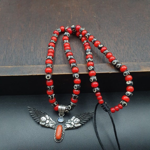 Vintage hand carving angel coral, moonstone 925 sterling silver pendent necklace