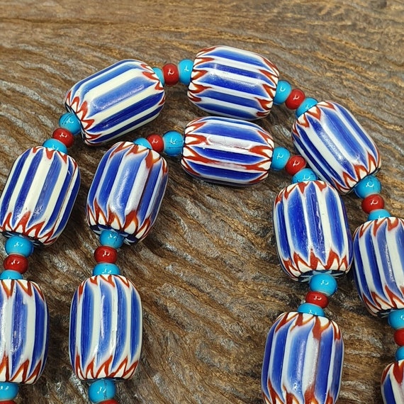 H-4b vintage venetian inspired trade blue chevron and whiteheart beads strand