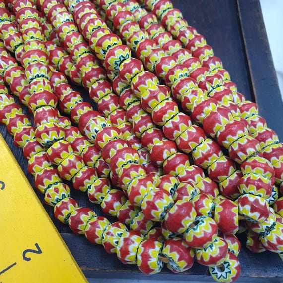 Vintage Yellow Red Chevron Beads Necklace, Old African Style Glass Beads