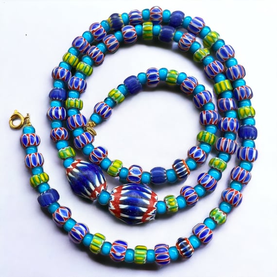 Vintage chevrons & white heart venetian multilayers glass beads necklace n-206Gift