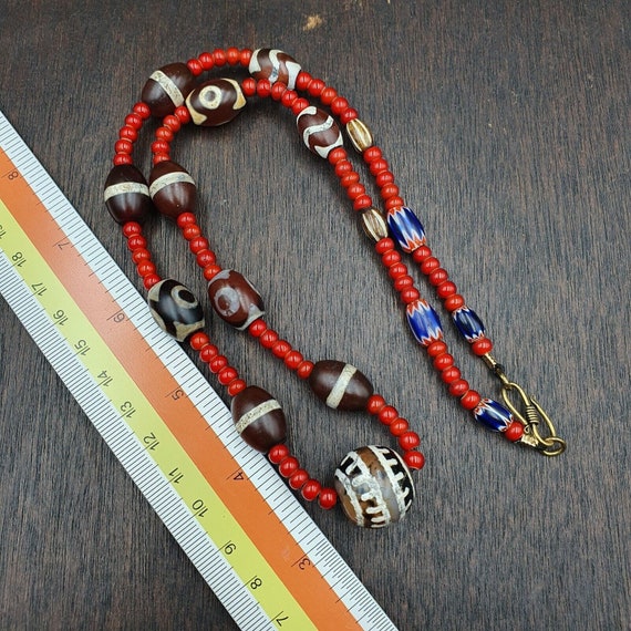 Antique tibetan etched agate beads with venetian white heart bead necklace