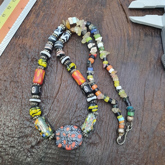 Venetian style Beads Necklace, Yellow Bumblebee Glass Jewelry, Unique Tribal Statement Piece, Earthy Boho Gift for Her, Artisan Glassware