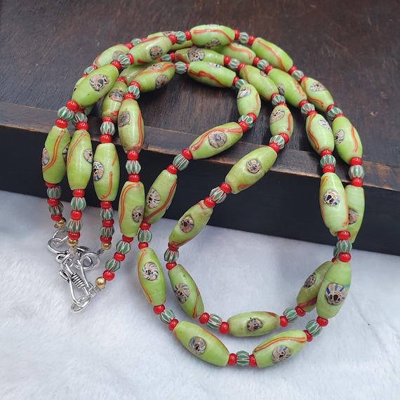 Venetian Style Face Bead Necklace, Green Millefiori Mask Trade Beads 30mm, African Style Glass Bead Strand, Handmade Restrung
