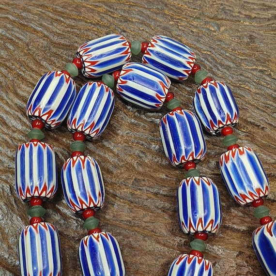 Vintage venetian inspired trade blue chevron jade and whiteheart beads strand