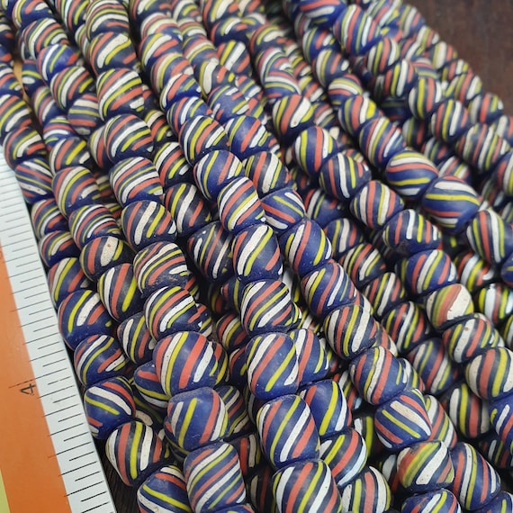 Striped Venetian Style Glass Beads - Blue and Red Striped African Beads - Boho Jewelry Focal Beads - Bulk Bead Supply