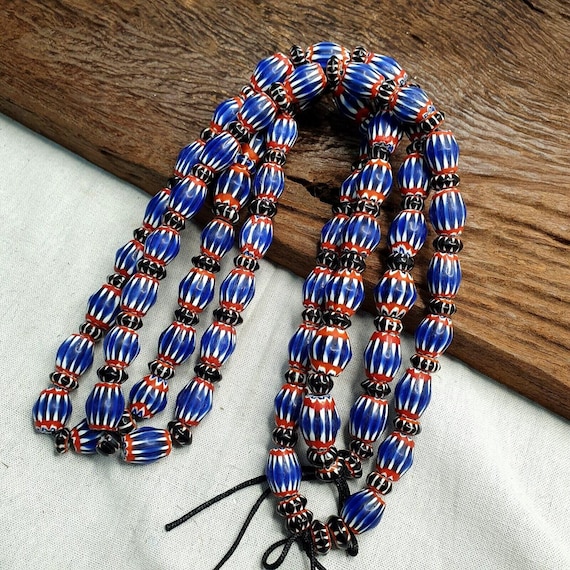 Vintage blue chevron beads venetian african beads long strand