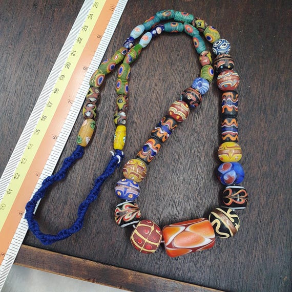 Antique Style African Glass Beads Necklace, Multi Color Millefiori Tribal Jewelry with Green Chevron Beads,