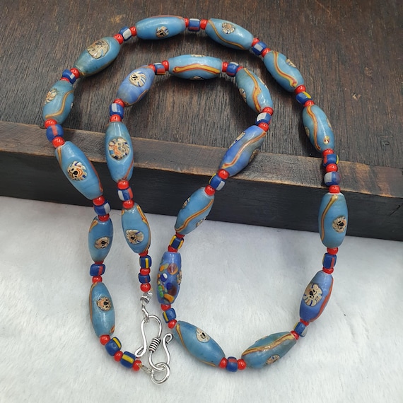 Blue Venetian Style Face Bead Necklace,  Mask red Whiteheart Trade Beads 30mm, African Style Glass Bead Strand, Handmade Restrung