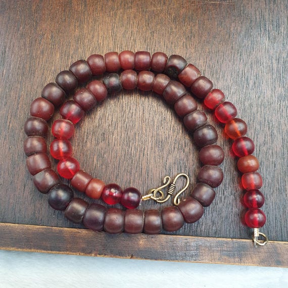 Rare Antique African Trade Beads Necklace Oxblood Cherry Red Glass Brass S-Clasp
