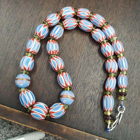 Vintage Blue Chevron Trade Bead Necklace, Old African Style Glass Beads Vintage blue chevron beads venetian african style beads long strand