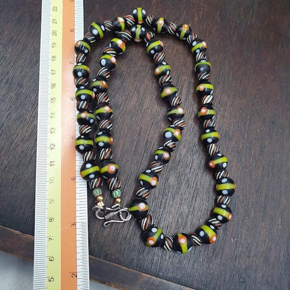 Black Green Orange Beaded Necklace, 11mm Handmade Artisan Statement Jewelry, Colorful Round Beads, Unique Gift for Her