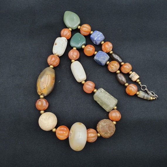 Antique ancient himalayan and african agate carnelian jasper beads necklace mala