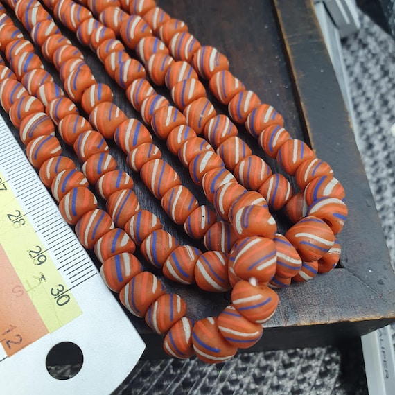 Striped Orange Glass Beads - Venetian Skunk Bead Strand - Orange Blue Stripe African Trade Beads - Boho Jewelry Focal Beads