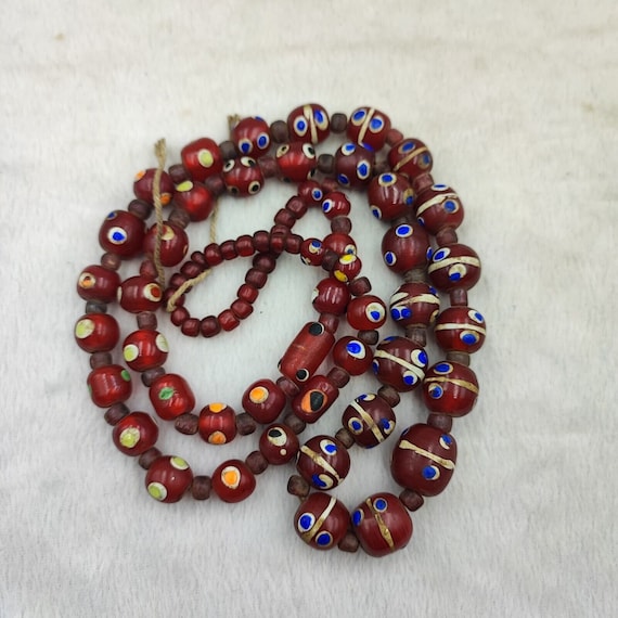 Vintage venetian eye beads trade beads red skunk beads long necklace 28"