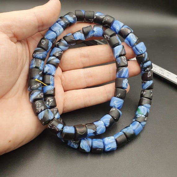 Vintage disc shape roundels black blue glass beads / beaded strand necklace 11mmGift