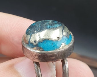 Beautiful natural pyrite in blue turquois sterling silver ring