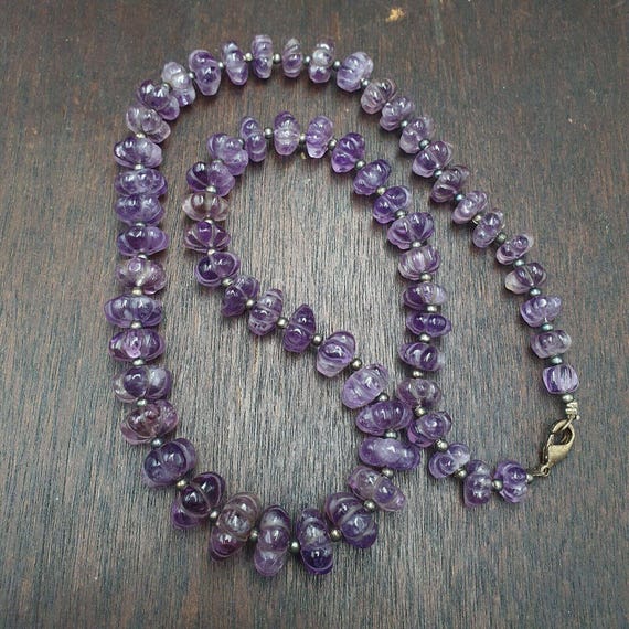 Vintage amethyst carving gemstone melon shape beads necklaces