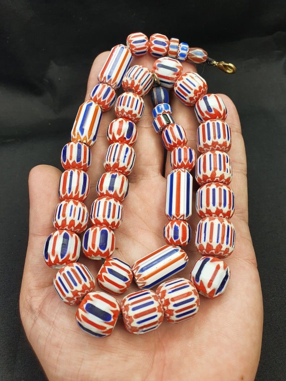 Vintage beautiful chevron trade glass blue beads necklaceGift