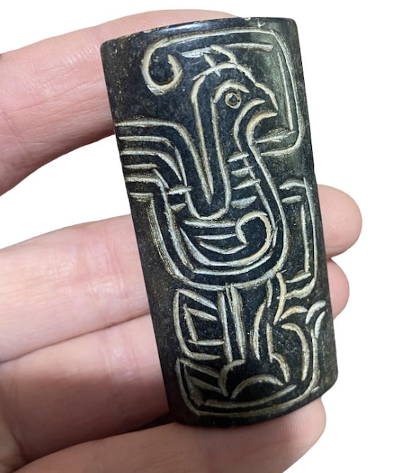Unusual antique chinese jade double cong vase bead pendant carving bird