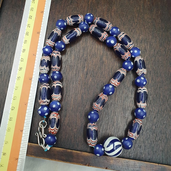 Blue White Feathered African Style Dotted Glass Chevron Beads Strand