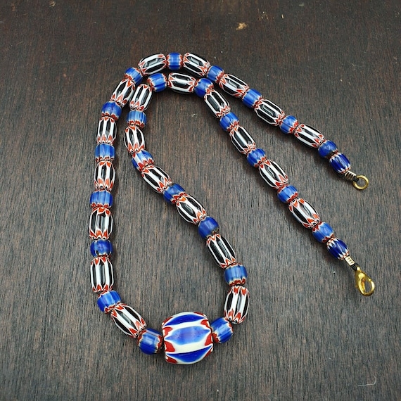 Antique venetian inspired african blue & black chevron beads necklace