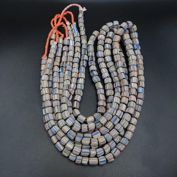 Lot 2 vintage old african blue glass gabri  stripes beads 7-9mm  beads strandGift