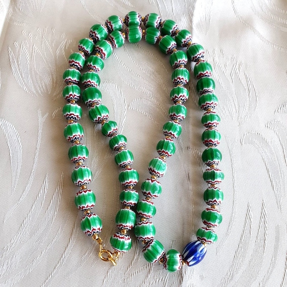 Antique venetian inspired green chevron beads long strand necklace 24inchGift