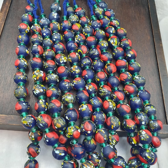 Blue Glass Trade Bead Necklace, African Beads with Red and Speckled Multicolor, Large Round Bead Strand, Tribal Boho Statement Jewelry