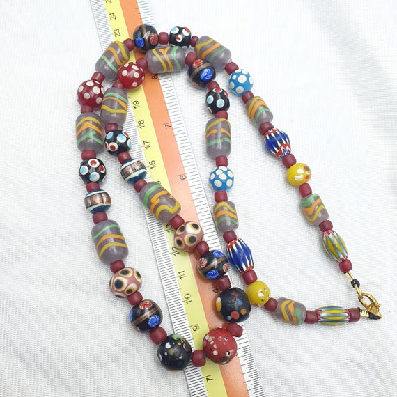 Venetian Style Mix Pattern Beads Necklace, 22 Inches Long, Handmade Vintage Glass Skunk Beads, Statement Jewelry, Unique Beaded Necklace