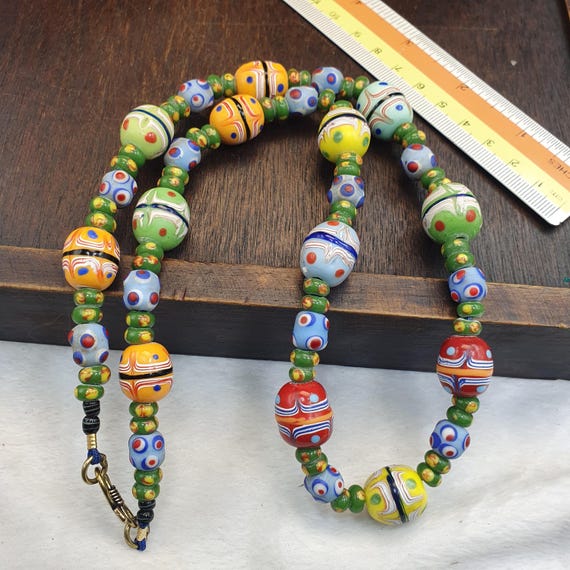 Vintage Venetian Style Fancy Bead Necklace Green Spacers Multicolor Eye Beads