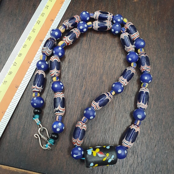 Venetian style Blue Black Feathered African Style Dotted Glass Chevron Beads Strand
