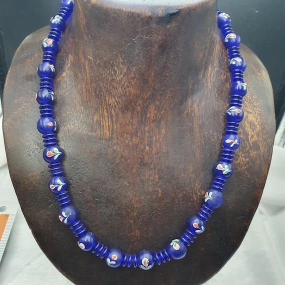 Vintage Venetian Cobalt Blue Floral & Striped Chevron Murano Style Beaded Necklace