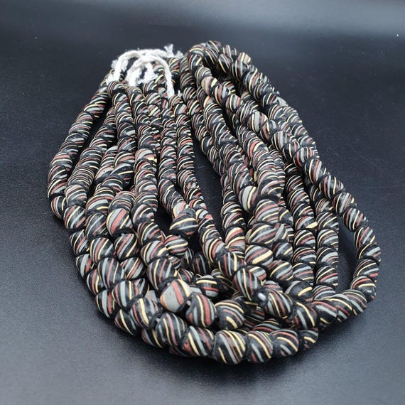 Lot 2 vintage old african black glass antique stripes beads 7-8mm  beads strandGift