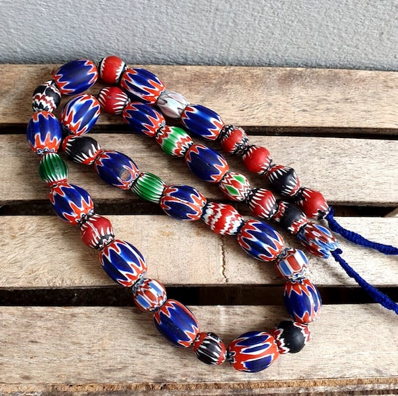 Antique venetian inspired trade multi color chevron beads long strand