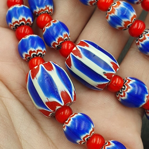 Venetian white heart and blue chevron glass beads… - image 5
