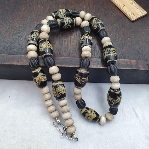 Vintage Venetian Style Black Cream Glass Bead Necklace Gold Swirl Jewelry Wave Pattern- Handmade Boho Statement Necklace - Gift for Her