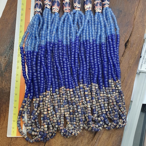 Blue African Trade Seed Beads Multi-Color Striped Strands Glass Feather Beads 25" long necklace