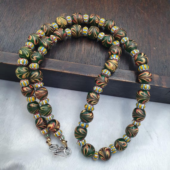 Venetian Style Feather Bead Necklace, Green Combed Glass with Star Chevron Beads, African Trade Bead Strand, Handmade Restrung