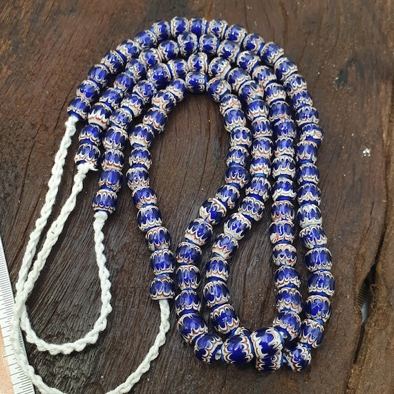 Blue White Feathered African Style Round Glass Chevron Pattern Beads Strand