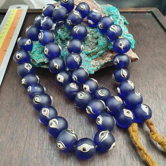 Cobalt Blue Evil Eye Glass Trade Bead Strand, Antique Style Eye Beads, African Trade Bead Necklace, Historical Craft Supplies