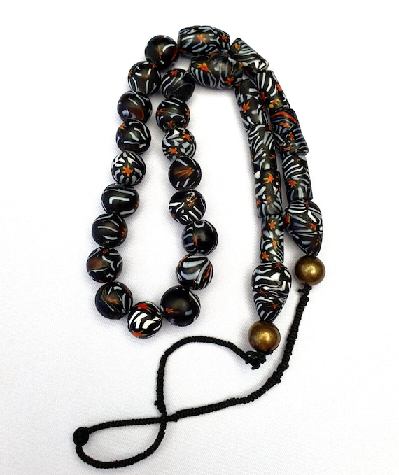 Vintage zebra traded glass beads / beaded long necklaceGift