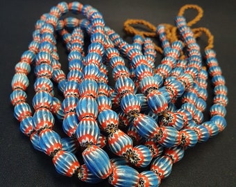 Vintage venetian african style blue glass chevron 10mmx12mm beads long strand